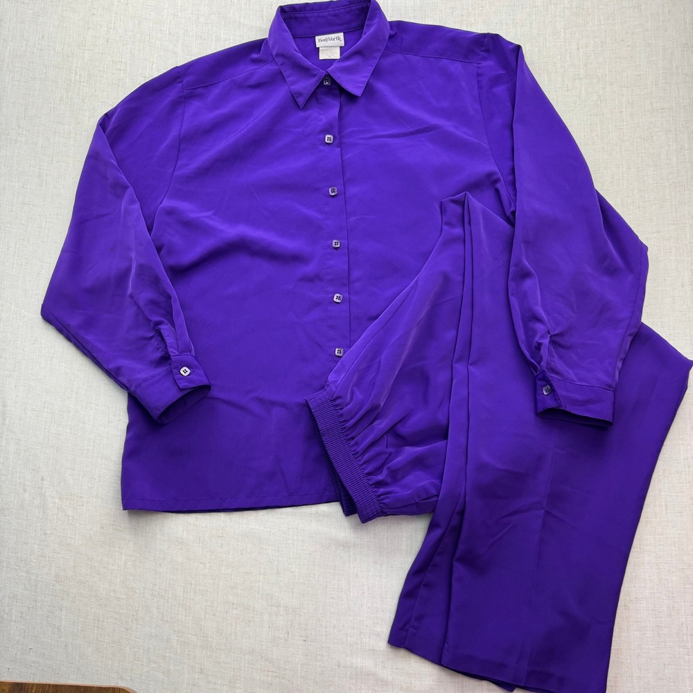 VTG 90s BonWorth 2-Piece Pantsuit Women XL L Petite Purple Elastic Waist Retro